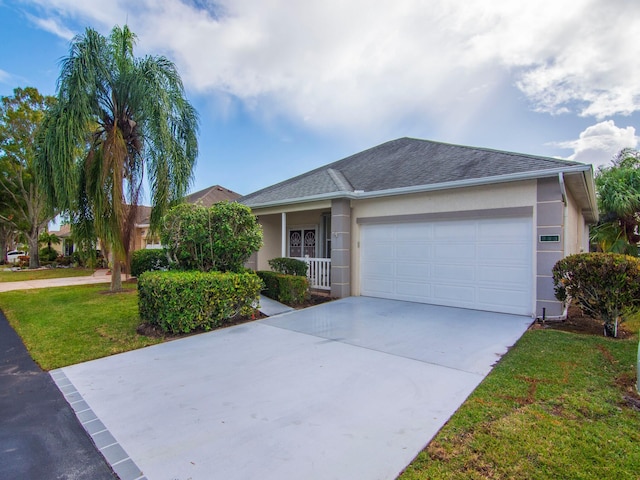 ranch-style house featuring a garage and a front lawn