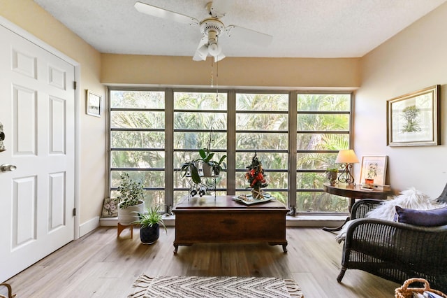 sitting room with a textured ceiling, light hardwood / wood-style floors, a wealth of natural light, and ceiling fan