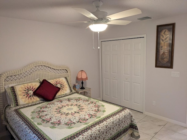 bedroom with ceiling fan and a closet