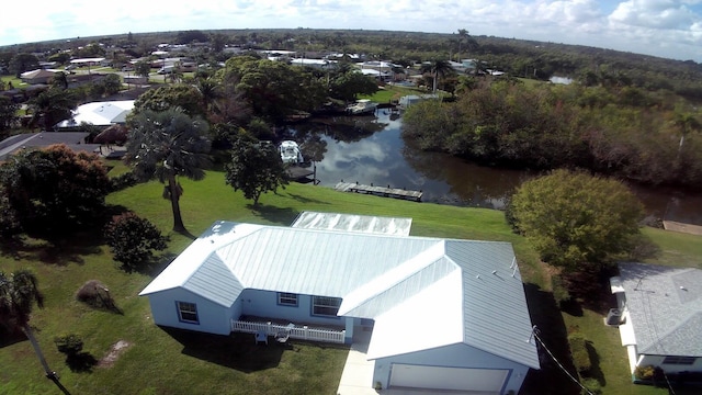 aerial view featuring a water view