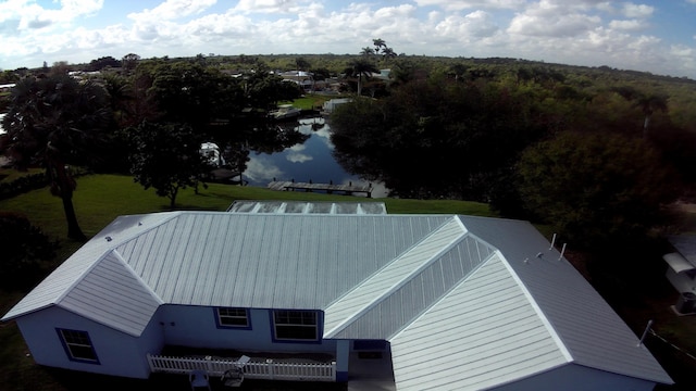 drone / aerial view featuring a water view