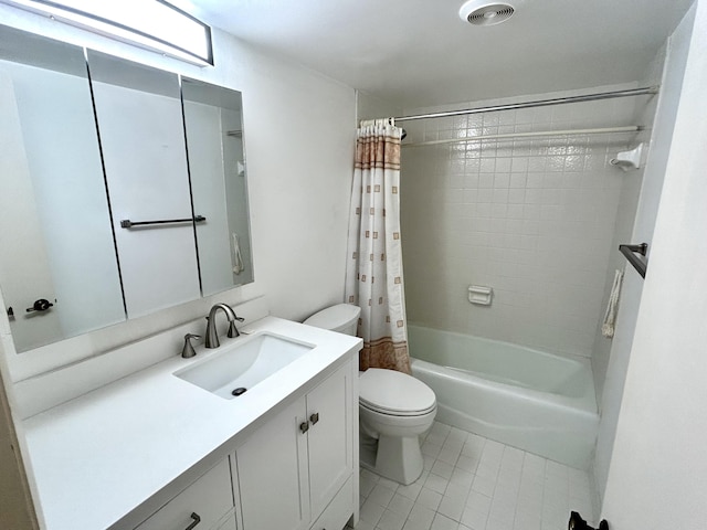 bathroom with tile patterned flooring, visible vents, toilet, shower / bath combo with shower curtain, and vanity