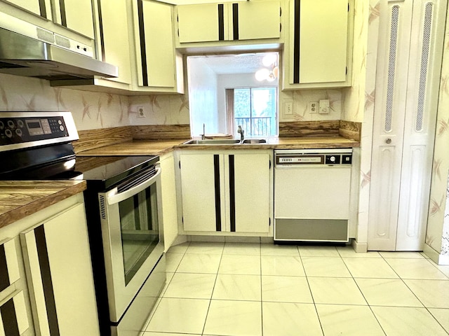 kitchen with stainless steel range with electric stovetop, under cabinet range hood, a sink, decorative backsplash, and dishwasher