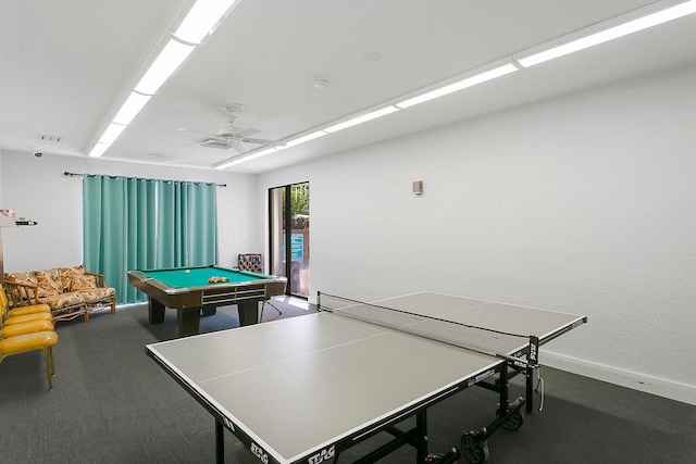 rec room featuring ceiling fan and pool table