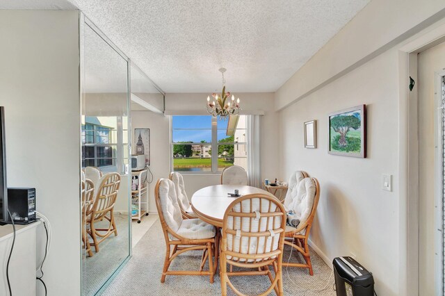 carpeted dining area featuring a textured ceiling and a notable chandelier