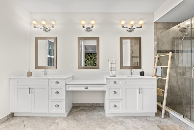 bathroom featuring vanity and a shower with shower door