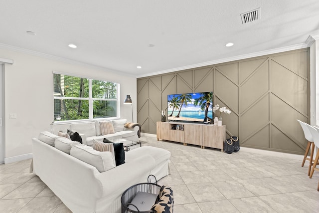 living room featuring light tile patterned floors and ornamental molding