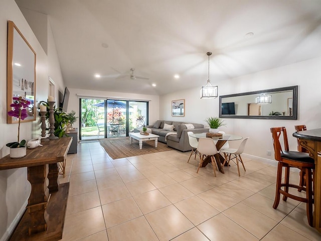 tiled living room featuring ceiling fan