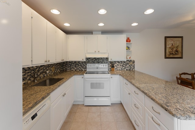 kitchen featuring kitchen peninsula, electric range oven, white cabinets, and sink