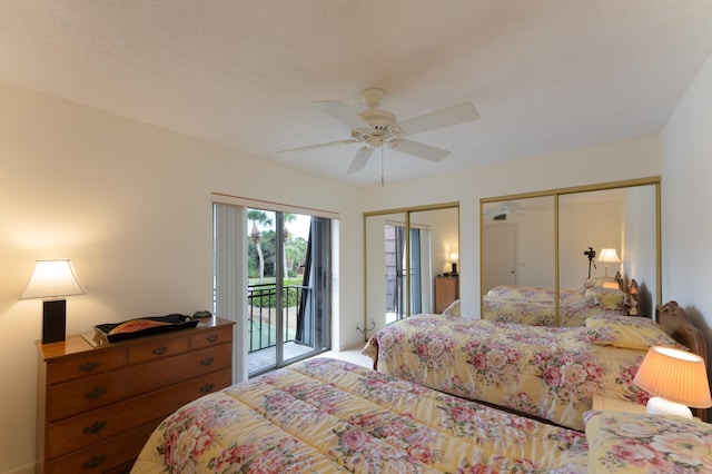 bedroom with access to outside, multiple closets, ceiling fan, and a textured ceiling