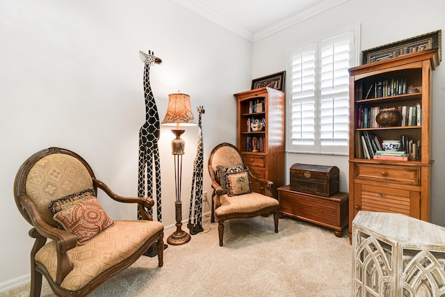 living area featuring carpet floors and ornamental molding