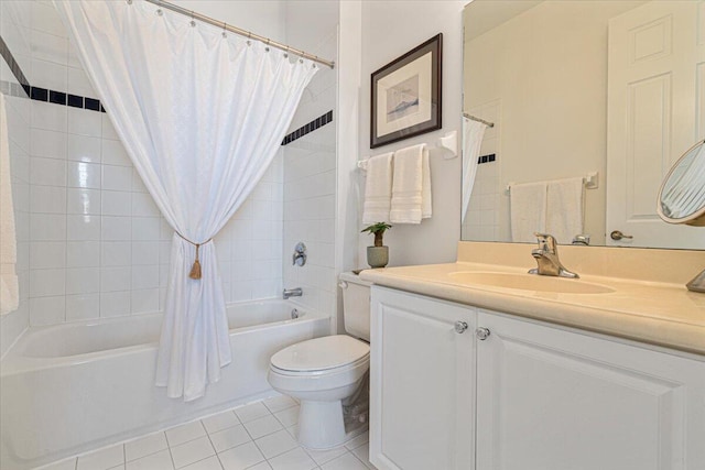 full bathroom with tile patterned flooring, shower / bath combo, vanity, and toilet