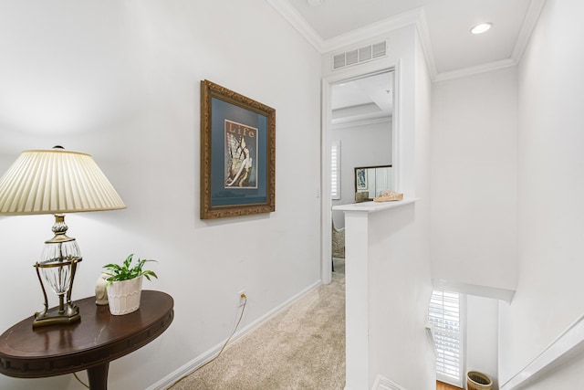 hall featuring crown molding and carpet floors