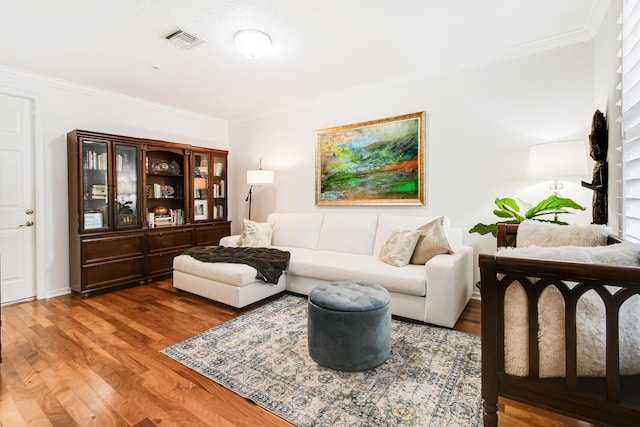 living room featuring crown molding and wood-type flooring