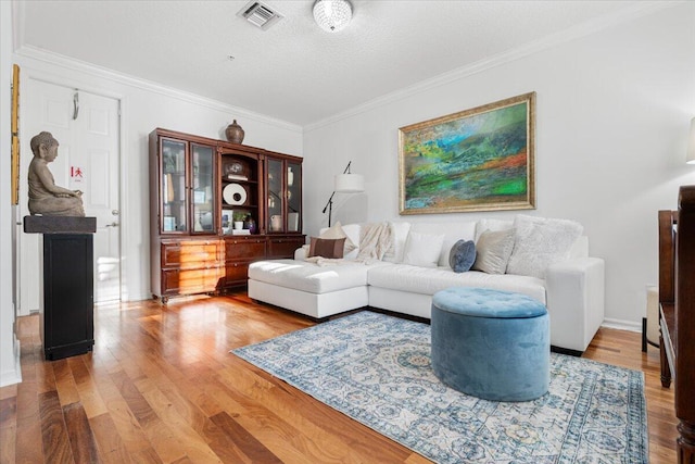 living room featuring crown molding, wood-type flooring, and a textured ceiling