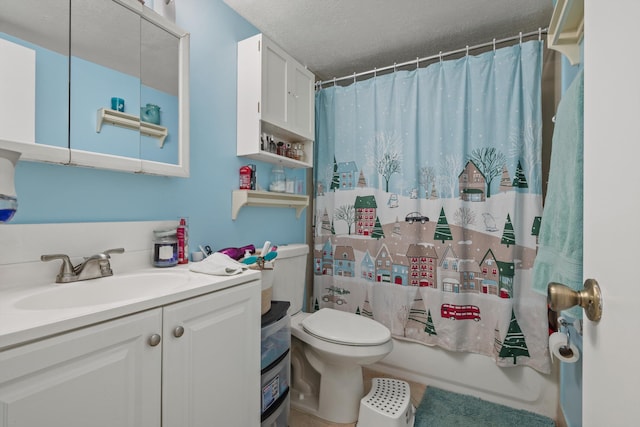 full bathroom featuring vanity, shower / bath combination with curtain, toilet, and a textured ceiling