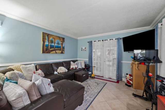 tiled living room featuring a textured ceiling and ornamental molding