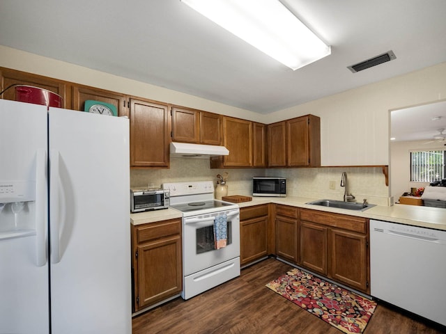 kitchen featuring dark hardwood / wood-style flooring, white appliances, ceiling fan, and sink