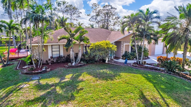 view of front of property featuring a front yard, a garage, and a wooden deck