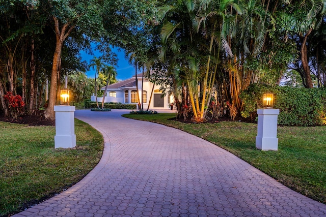 surrounding community with decorative driveway and a yard