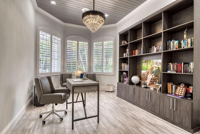 office area with a notable chandelier, light hardwood / wood-style floors, ornamental molding, and a wealth of natural light