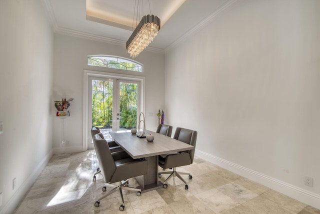 office area featuring a notable chandelier, ornamental molding, and french doors