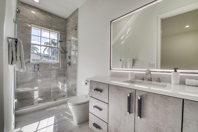 bathroom with vanity, toilet, and walk in shower