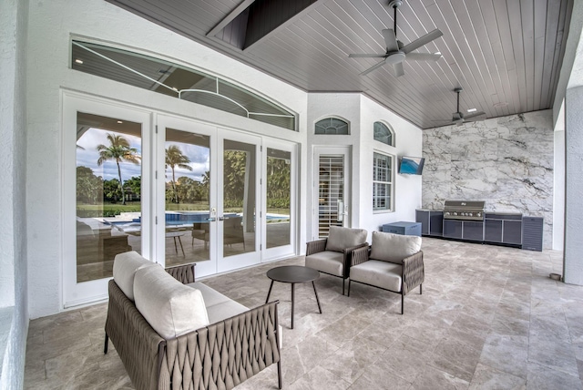 view of patio featuring a grill, ceiling fan, french doors, and an outdoor hangout area