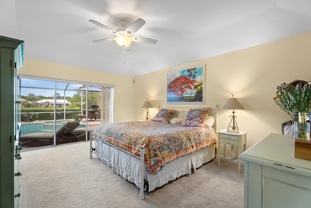 carpeted bedroom with ceiling fan and access to exterior