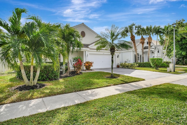 view of front of property featuring a front lawn and a garage