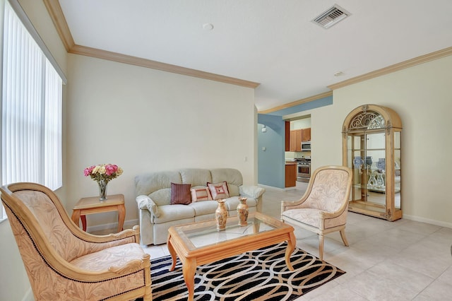 tiled living room featuring ornamental molding