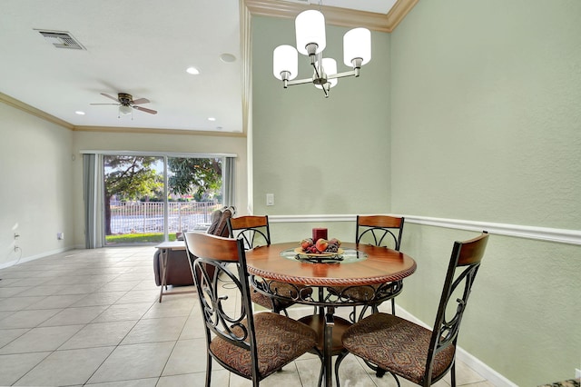 dining area featuring light tile patterned floors, ceiling fan with notable chandelier, and crown molding