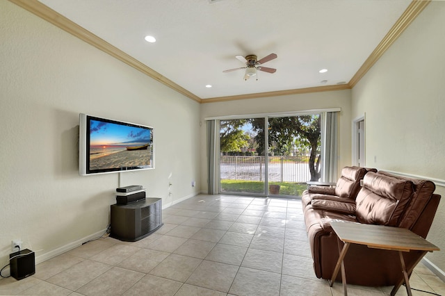 living room with ceiling fan, crown molding, and light tile patterned flooring