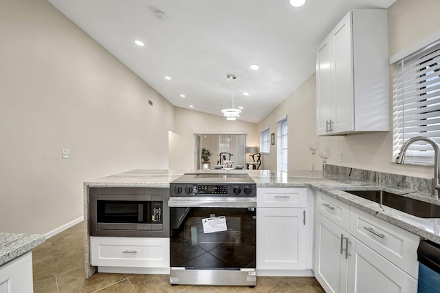 kitchen with white cabinetry, sink, stainless steel microwave, and electric range oven