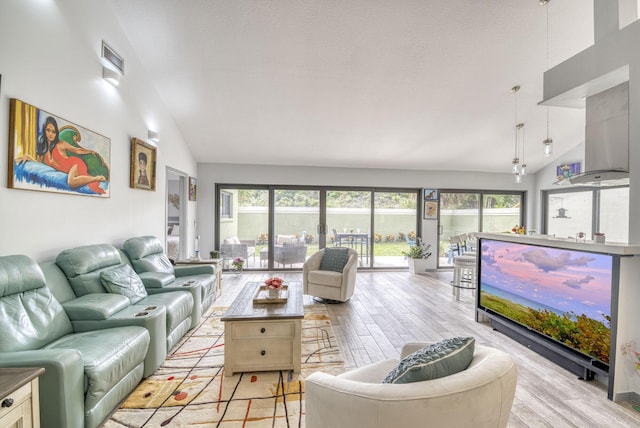 living room featuring high vaulted ceiling and light hardwood / wood-style floors