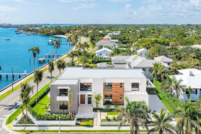 bird's eye view with a water view