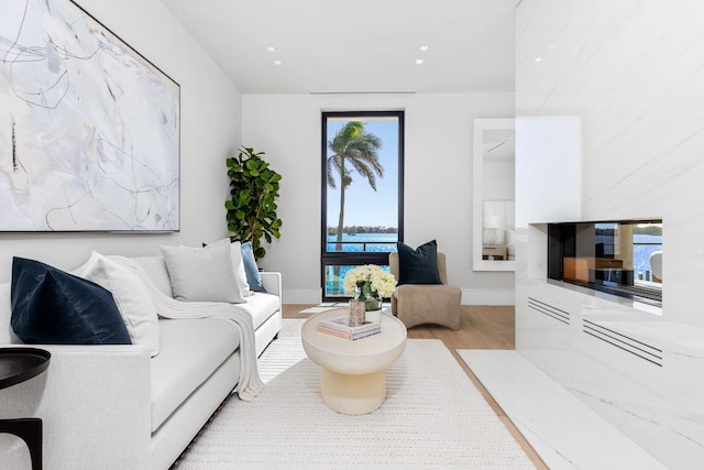 living room with light wood-type flooring and a high end fireplace