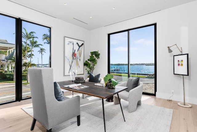 office with light hardwood / wood-style floors and a water view