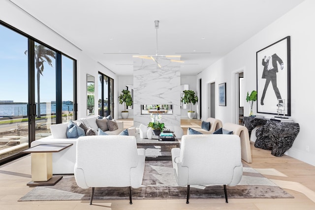 living room with a water view and light hardwood / wood-style floors