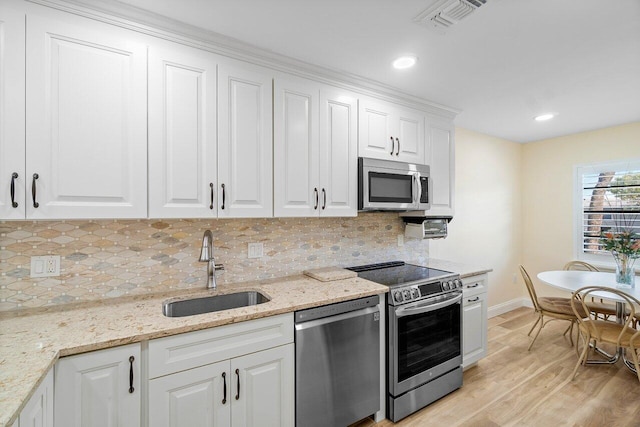 kitchen featuring backsplash, white cabinets, sink, light hardwood / wood-style flooring, and appliances with stainless steel finishes