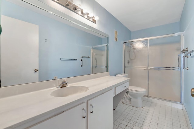 bathroom with toilet, vanity, tile patterned floors, and an enclosed shower