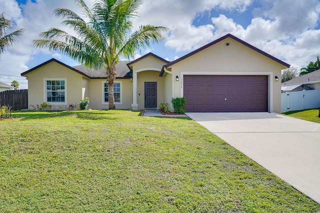 ranch-style home with a garage and a front lawn