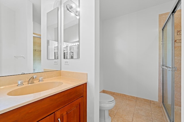 bathroom featuring tile patterned floors, vanity, toilet, and an enclosed shower