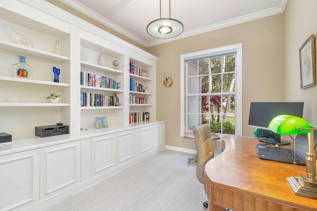 office featuring light wood-type flooring and crown molding