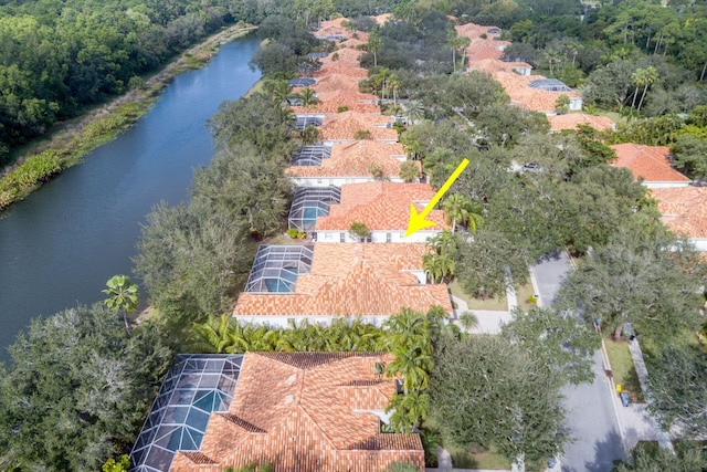 drone / aerial view featuring a water view