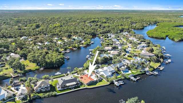 drone / aerial view with a water view