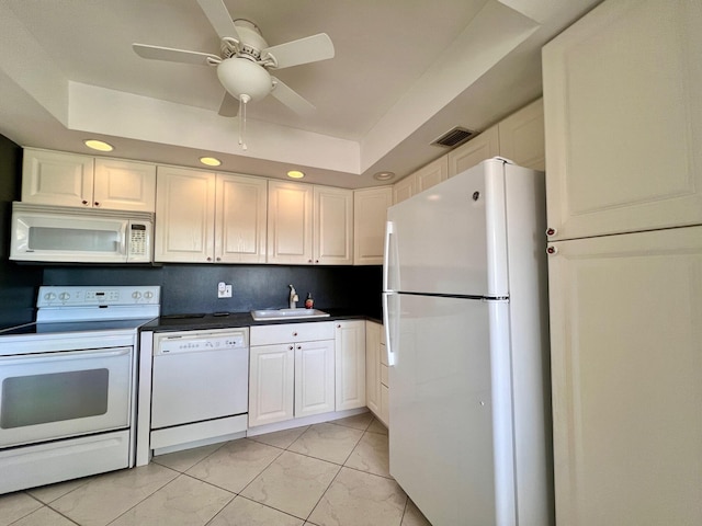 kitchen featuring white cabinetry, sink, ceiling fan, white appliances, and a tray ceiling