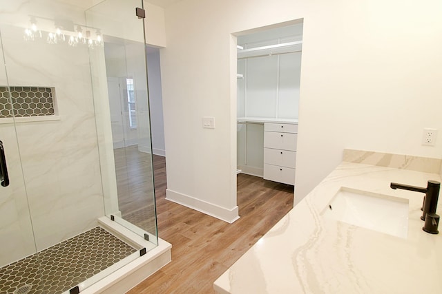 bathroom with a shower with door, vanity, and wood-type flooring