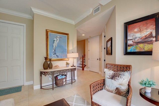 hallway featuring light tile patterned floors and crown molding