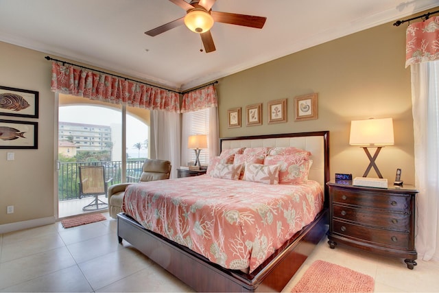 bedroom featuring access to exterior, ceiling fan, crown molding, and light tile patterned flooring